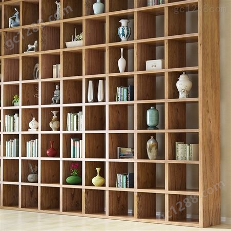 老榆木书架定制整墙实木落地书架隔断置物书柜格子架定做满墙书架