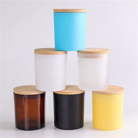 现货批发玻璃蜡烛杯手工香薰容器竹木盖直边罐空罐子彩色蒙砂烛台