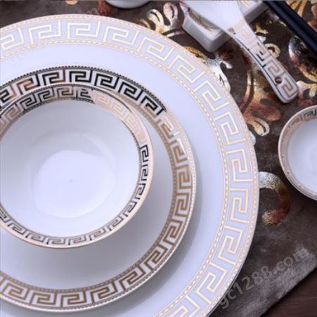 陶瓷酒店摆台 白色四件套盘碗碟勺杯 饭店金边画线陶瓷餐具